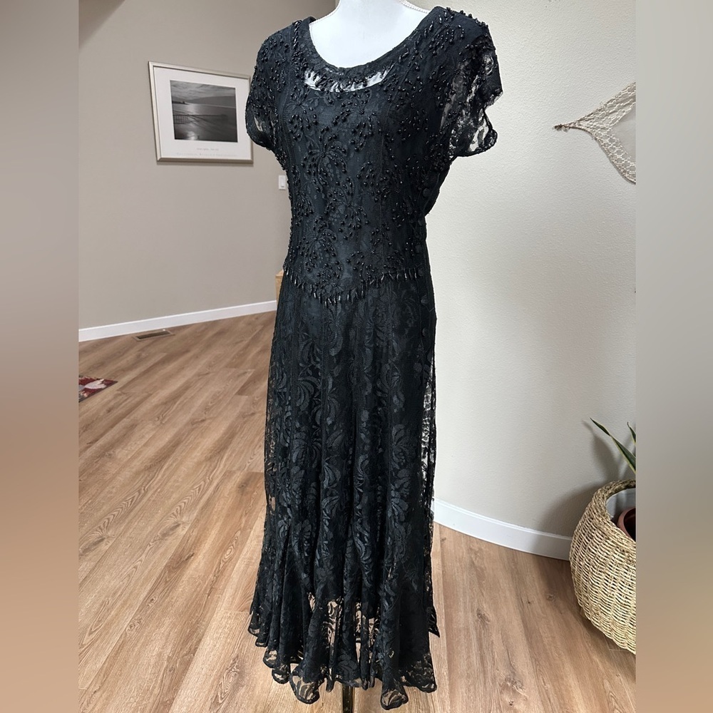 Vintage Jasmine by K.V.M Black Fit and Flare Lace And Beaded Maxi Dress